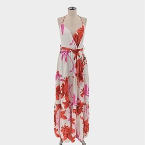 The Sang‎ Floral Tiered Maxi Dress Womens Size S White Pink Tropical Summer Boho